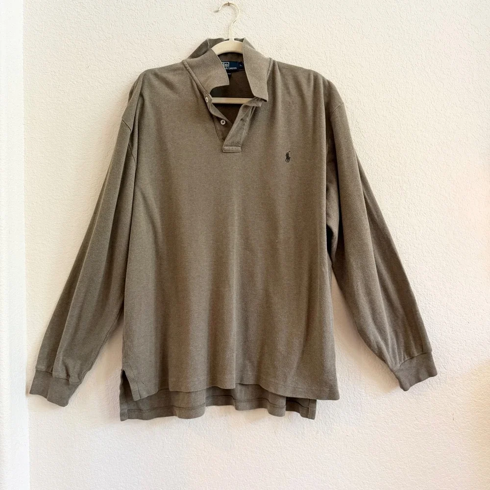 Polo Ralph Lauren Mens Long Sleeve Polo Shirt Olive Green Cotton Size Large L